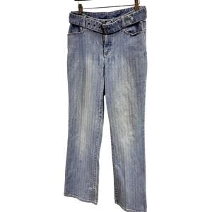 Women's sz10 Vintage 2000's belted flare pinstripe faded stonewash jeans stretch